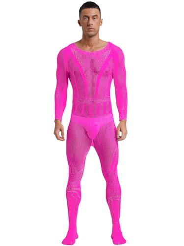 TTAO Herren Fischernetz Ganzkörper Body Dessous Transparent Nylon Strumpfhosen Mesh Ganzkörperanzug Jumpsuit Unterwäsche EIN Stück Clubwear Hot Pink Einheitsgröße von TTAO