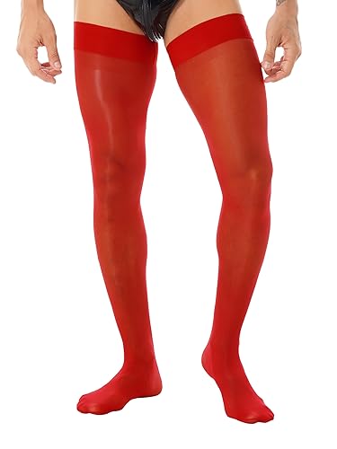 TTAO Herren Glänzend Strümpfe Halterlose Nylonstrümpfe Overknee Socken Kniestrümpfe Nylon Elastisch Stocking Lange Socken Sexy Dessous Rot B Einheitsgröße von TTAO