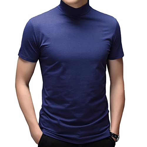 TTAO Herren Kurzarm Shirt Rollkragen Bluse Basic Einfarbig Unterhemd Slim Fit T-Shirt Modisches Sommer Oberteil Streetwear Blau M von TTAO