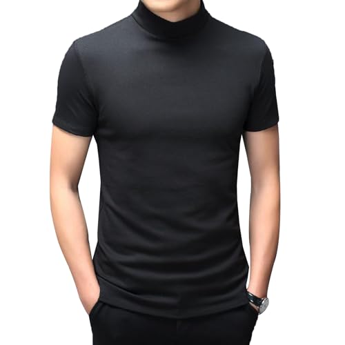 TTAO Herren Kurzarm Shirt Rollkragen Bluse Basic Einfarbig Unterhemd Slim Fit T-Shirt Modisches Sommer Oberteil Streetwear Schwarz L von TTAO