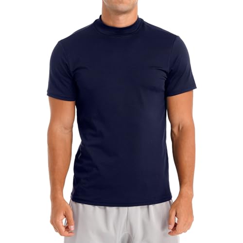 TTAO Herren Kurzarm T-Shirts Rollkragen Einfarbig Elastische Oberteile Casual Basic Tops Slim Fit T-Shirt Modisches Sommer Oberteil Streetwear Marineblau L von TTAO