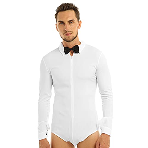 TTAO Herren Langarm Bodysuit Giltzer Tanz-Body mit Fliege Latein Obeteile Leotard Standard Hemdbody Leotard Overalls Party Performance Tanzkostüm Weiß XXL von TTAO
