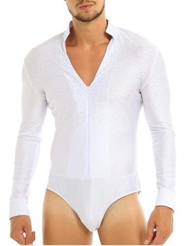 TTAO Herren Latein Hemd V-Ausschnitt Glitzer Body Einteiler mit Knöpfen im Schritt Trikot Tanz Kostüm Salsa Samba Chacha Moderne Tanz Shirts Weiß L von TTAO
