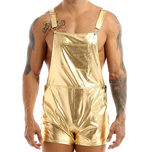 TTAO Herren Latzhose Metallic Overall Wetlook Hotpants Kurz Hose Hosenträger Shorts Clubwear Party Disco Festival Kleidung Gold 3XL von TTAO