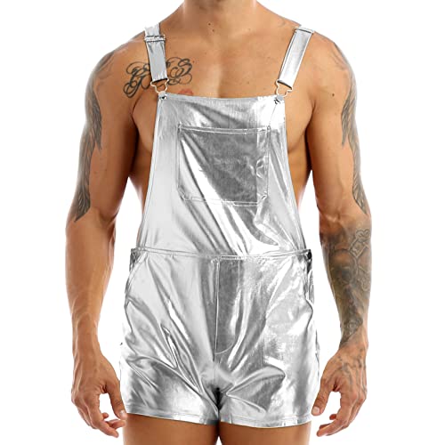 TTAO Herren Latzhose Metallic Overall Wetlook Hotpants Kurz Hose Hosenträger Shorts Clubwear Party Disco Festival Kleidung Silber XXL von TTAO