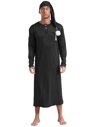 TTAO Herren Nachthemd mit Schlafmütze Langarm Schlafhemd Schlafanzug Hemd mit Knopfleiste Lang Weich Luftig Schlafshirt Nachtwäsche Schwarz L von TTAO