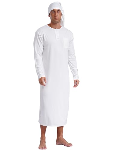 TTAO Herren Nachthemd mit Schlafmütze Langarm Schlafhemd Schlafanzug Hemd mit Knopfleiste Lang Weich Luftig Schlafshirt Nachtwäsche Weiß L von TTAO