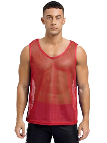 TTAO Herren Netz Tank Tops Sport Muskel Shirt Ärmellos Oberteil Rundkragen Netzhemd Achselshirt Männer Transparent Fitness Training Clubwear Rot XL von TTAO