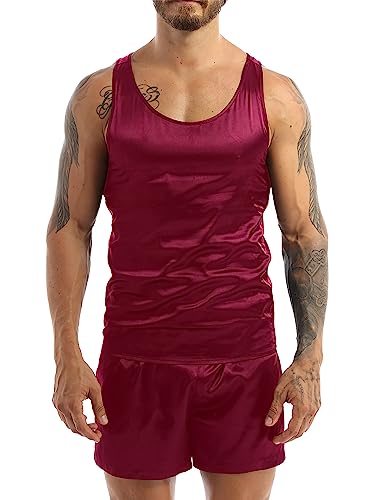 TTAO Herren Satin Unterhemd Set Kurz Sommer Pyjama Schlafanzug Zweiteiler Nachtwäsche Ärmellos Tank Top + Kurz Hose Sleepwear Burgundy L von TTAO