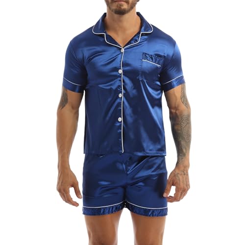 TTAO Herren Satin Unterhemd Set Kurz Sommer Pyjama Schlafanzug Zweiteiler Nachtwäsche Ärmellos Tank Top + Kurz Hose Sleepwear Königsblau C M von TTAO