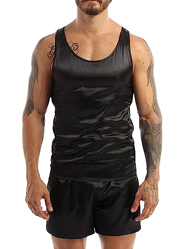 TTAO Herren Satin Unterhemd Set Kurz Sommer Pyjama Schlafanzug Zweiteiler Nachtwäsche Ärmellos Tank Top + Kurz Hose Sleepwear Schwarz XXL von TTAO