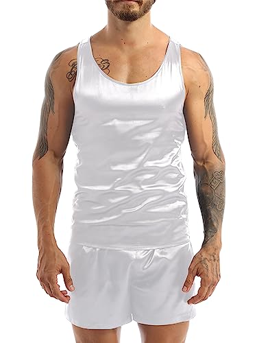 TTAO Herren Satin Unterhemd Set Kurz Sommer Pyjama Schlafanzug Zweiteiler Nachtwäsche Ärmellos Tank Top + Kurz Hose Sleepwear Weiß M von TTAO