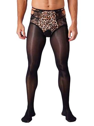 TTAO Herren Sissy Dessous Transparent Strumpfhose Pantyhose mit Spitzen Höschen Bulge Beutel Schlüpfer Röckchen Erotische Nachtwäsche Leopard XL von TTAO