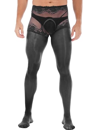 TTAO Herren Sissy Dessous Transparent Strumpfhose Pantyhose mit Spitzen Höschen Bulge Beutel Schlüpfer Röckchen Erotische Nachtwäsche Schwarz C XL von TTAO