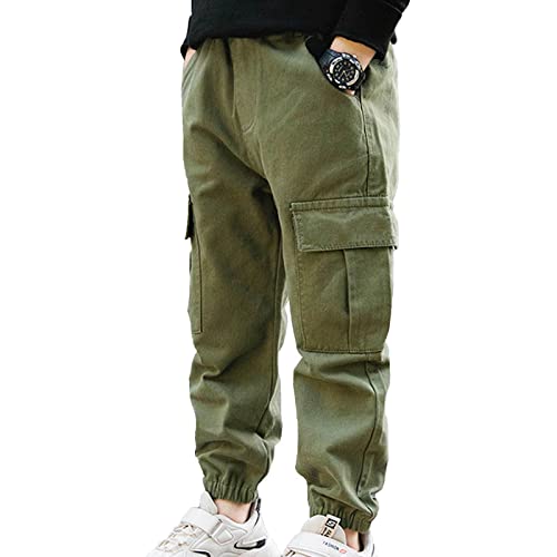 TTAO Jungen Cargo Hose mit Taschen Beinabschluss Sporthose Loose Fit Jogger Jogginghose Freizeithose Hip Hop Tanz Baggy Pants Armee Grün 164 von TTAO