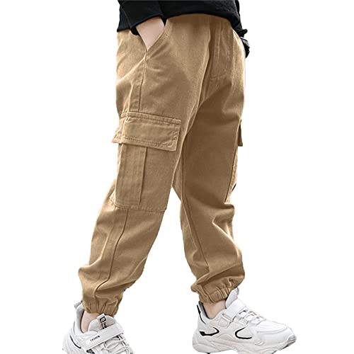 TTAO Jungen Cargo Hose mit Taschen Beinabschluss Sporthose Loose Fit Jogger Jogginghose Freizeithose Hip Hop Tanz Baggy Pants Khaki 164 von TTAO