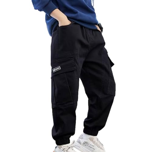 TTAO Jungen Cargo Hose mit Taschen Beinabschluss Sporthose Loose Fit Jogger Jogginghose Freizeithose Hip Hop Tanz Baggy Pants Schwarz F 140-146 von TTAO