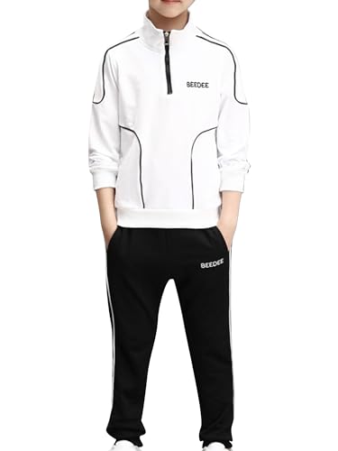 TTAO Jungen Casual Sportanzug Trainingsanzug Sportanzug Hose Jacke Set Herbst Freizeitanzug 2-Teiliges Set aus Hoodie und Hose Gr.110- Gr.164 Weiß A 158-164 von TTAO