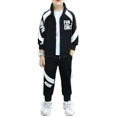 TTAO Jungen Casual Trainingsanzug Kinder Trainingsanzug 2-teiliges Outfit Langarm Hoodies Kapuzenpullover Kapuzenjacke und Jogginghose Schwarz 158-164 von TTAO