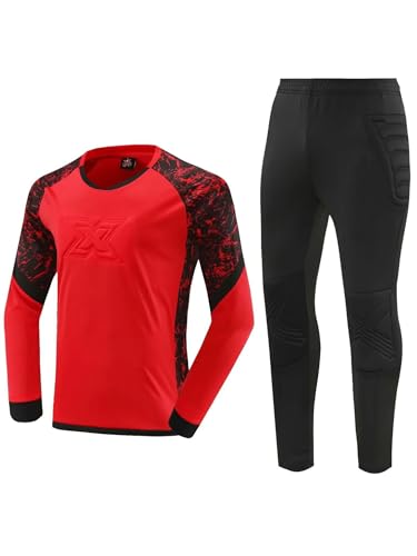 TTAO Jungen Fußball Torwart Trikot Set Gepolstert Langarm Tormann Trikot und Sporthose Schutz Ausrüstung Torwarttrikot Fußballtrikot Geschenk Rot 134-140 von TTAO