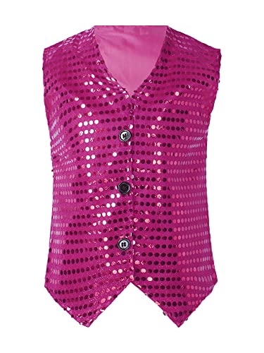 TTAO Jungen Pailletten Weste V-Ausschnitt Ärmellos Anzugweste Gilet mit Knopfleiste Gentleman Party Hochzeit Anzug Sakko Smoking Hot Pink C 116 von TTAO