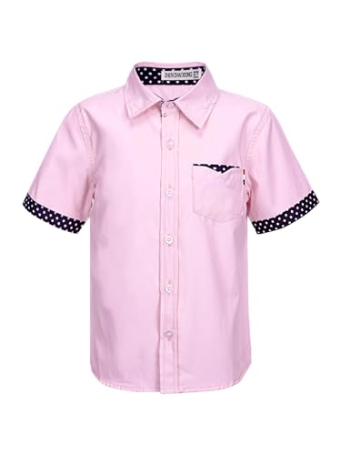 TTAO Jungen Party Hemd Regular Fit Freizeit Shirt Button Down Kurz Ärmel Oberteil Trachten Kinderhemd mit Kentkragen 100% Baumwolle Rosa 170-176 von TTAO