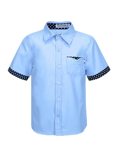 TTAO Jungen Party Hemd Regular Fit Freizeit Shirt Button Down Kurz Ärmel Oberteil Trachten Kinderhemd mit Kentkragen 100% Baumwolle Blau 170-176 von TTAO