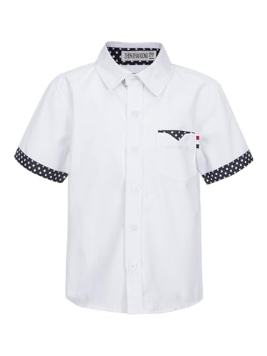 TTAO Jungen Party Hemd Regular Fit Freizeit Shirt Button Down Kurz Ärmel Oberteil Trachten Kinderhemd mit Kentkragen 100% Baumwolle Weiß 110-116 von TTAO