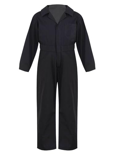 TTAO Kinder Arbeitsoverall Einteilige Blaumann Schutzanzug Jumpsuit Atmungsaktiv Frühling Herbst Junior Rallyekombi Freizeitanzug Größe 110-176 Schwarz 122-128 von TTAO