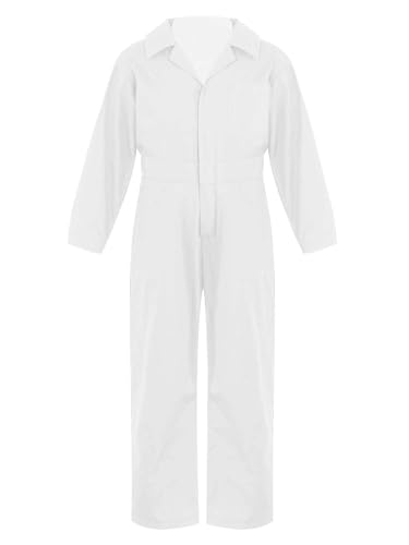 TTAO Kinder Arbeitsoverall Einteilige Blaumann Schutzanzug Jumpsuit Atmungsaktiv Herbst Winter Junior Rallyekombi Freizeitanzug Größe 110-176 Weiß- 110-116 von TTAO