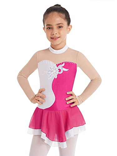 TTAO Kinder Eiskunstlauf Kleid Pailletten Ballettkleid Langarm/Ärmellos Tanzkleid mit Rock Mädchen Ballett Trikot Turnanzug Ballettanzug Tanzkostüme Pink B 128 von TTAO