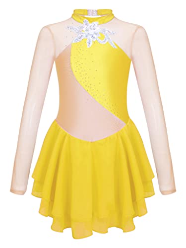 TTAO Kinder Eiskunstlauf Kleid mit Glitzer Strassstein Mädchen Ballettkleid Ballettanzug Langarm/Ärmellos Tanz Body Tüll Spleiß Leotard Gr.104-164 Gelb E 134-140 von TTAO