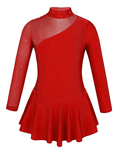TTAO Kinder Eiskunstlauf Kleid mit Glitzer Strassstein Mädchen Ballettkleid Ballettanzug Langarm/Ärmellos Tanz Body Tüll Spleiß Leotard Gr.104-164 Rot 104 von TTAO