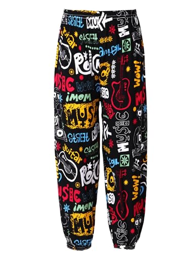 TTAO Kinder Jungen Mädchen Pumphose Haremshose Blumenmuster Yogahose Sommer Boho Lange Baggy Hose Leichte Dünn Freizeithose Pluderhose Gitarrenmusik 146-152 von TTAO