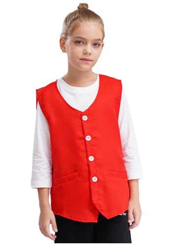 TTAO Kinder Jungen V-Ausschnitt Knopfweste Anzugweste Einfarbig Festlich Smoking Weste für Hochzeit Party Karneval Freiwilligen Aktivitäten Weste Rot 164-170 von TTAO
