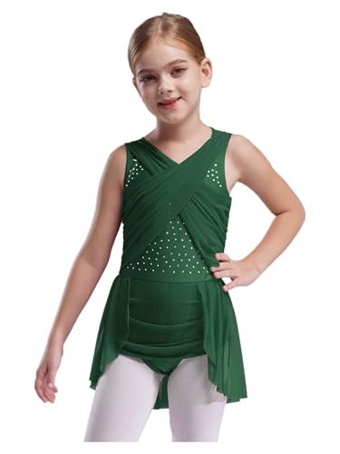 TTAO Kinder Mädchen Ballettkleid Ärmellos Balletttrikot Mit Asymmetrisch Tutu Rock Tanzkleid Gymnastikanzug Lyrical Modern Dancewear Tanzkostüm Grün 158-164 von TTAO