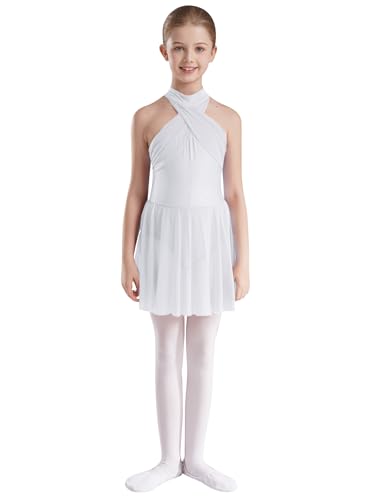 TTAO Kinder Mädchen Ballettkleid Ärmellos Chiffon Ballett Body Mit Asymmetrisch Tutu Rock Trikot Gymnastikanzug Lyrical Modern Dancewear Tanzkostüm Weiß B 170 von TTAO