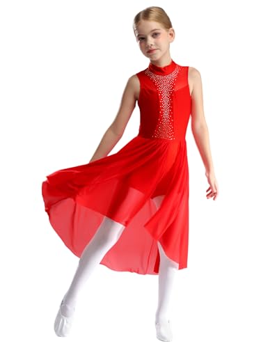 TTAO Kinder Mädchen Ballettkleid Ärmellos Chiffon Body Mit Asymmetrisch Tutu Rock Tanzkleid Trikot Gymnastikanzug Lyrical Modern Dancewear Tanzkostüm Rot 146-152 von TTAO