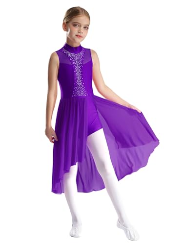 TTAO Kinder Mädchen Ballettkleid Ärmellos Chiffon Body Mit Asymmetrisch Tutu Rock Tanzkleid Trikot Gymnastikanzug Lyrical Modern Dancewear Tanzkostüm Violett 158-164 von TTAO