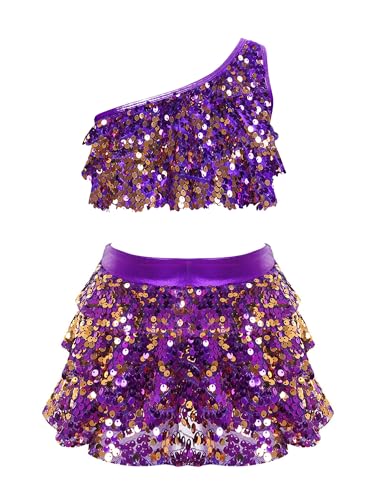 TTAO Kinder Mädchen Ballettkleidung Pailletten Crop Tops mit Rock Shorts Jazz Modern Dance Kostüm Ballerina Latein Tanzkleid Violett 158-164 von TTAO