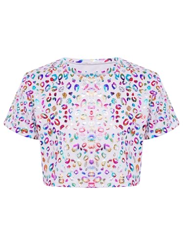 TTAO Kinder Mädchen Crop Top T-Shirt Kurzarm Glänzende Oberteil Bauchfrei Sport Tanztop Hip Hop Jazz Festival Performance Tanzbekleidung Bunt 122-128 von TTAO