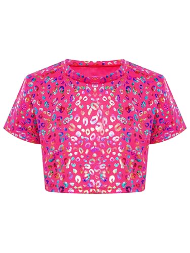 TTAO Kinder Mädchen Crop Top T-Shirt Kurzarm Glänzende Oberteil Bauchfrei Sport Tanztop Hip Hop Jazz Festival Performance Tanzbekleidung Hot Pink 122-128 von TTAO