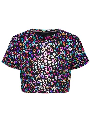 TTAO Kinder Mädchen Crop Top T-Shirt Kurzarm Glänzende Oberteil Bauchfrei Sport Tanztop Hip Hop Jazz Festival Performance Tanzbekleidung Schwarz 170 von TTAO