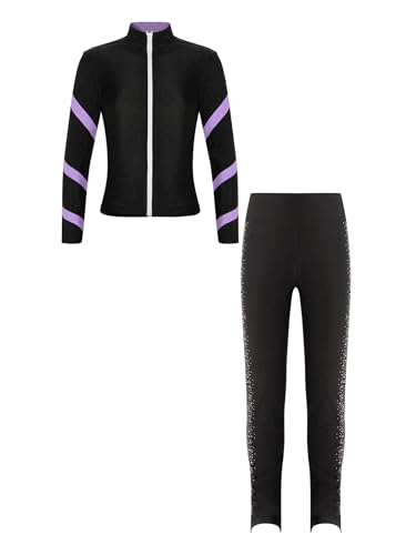 TTAO Kinder Mädchen Eiskunstlauf Anzug Glitzer Strass Langarm Jacke Hose Sport Set Trainingsanzug Eislaufen Performance Tanzkleidung Lavendel 134-140 von TTAO
