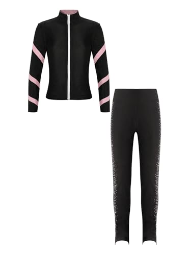 TTAO Kinder Mädchen Eiskunstlauf Anzug Glitzer Strass Langarm Jacke Hose Sport Set Trainingsanzug Eislaufen Performance Tanzkleidung Rosa 158-164 von TTAO