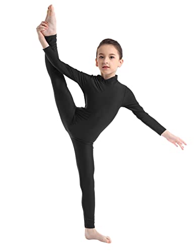 TTAO Kinder Mädchen Ganzkörperanzug Einteiliger Gymnastikanzug Bodysuit Ganzkörper Body Ballett Trikot Turnanzug Tanzbody Sportwear Schwarz 146-152 von TTAO