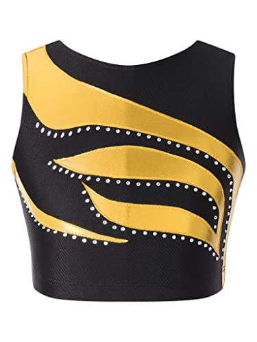 TTAO Kinder Mädchen Glänzend Tank Top Ärmelloser Strass Crop Top Unterhemd Sport Shirts Ballett Tanz Oberteile Gymnastik Bauchfrei Gold 122-128 von TTAO