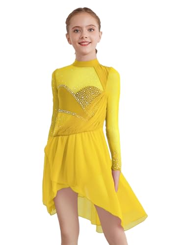 TTAO Kinder Mädchen Langarm Eiskunstlauf Kleid Ballettkleid Turnanzug Ballettröckchen Kleid Trikotanzug Training Rollkunstlauf Kürkleid Gelb 110-116 von TTAO