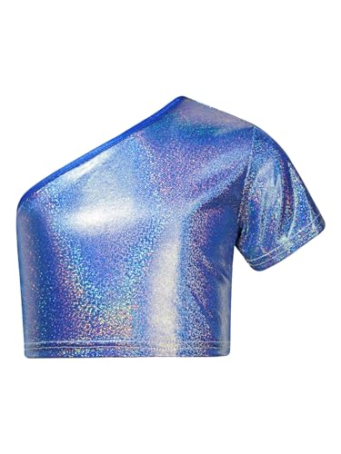 TTAO Kinder Mädchen Metallic Crop Top One Shoulder Glänzend Shirt Tanktop Hip Hop Jazz Festival Performance Party Tanzkleidung Oberteil Blau 170 von TTAO