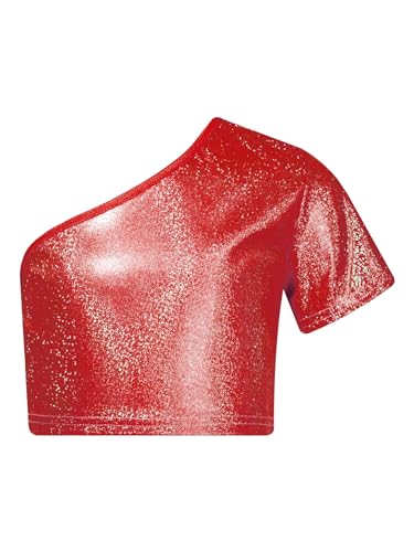 TTAO Kinder Mädchen Metallic Crop Top One Shoulder Glänzend Shirt Tanktop Hip Hop Jazz Festival Performance Party Tanzkleidung Oberteil Rot 134-140 von TTAO